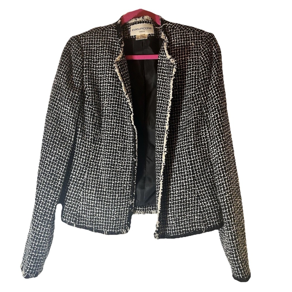 Evan Picone Open Front Black White Tweed Jacket Blazer Fringe Trim Size 10